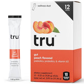 Tru Gut Powder peach stick-pack closeup for on-the-go gut support