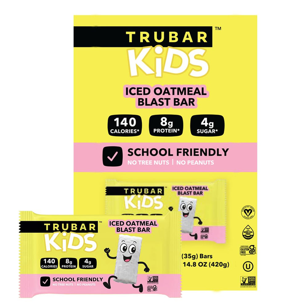 TRUBAR Kids Protein Bars Iced Oatmeal Blast packaging on display, convenient school snack