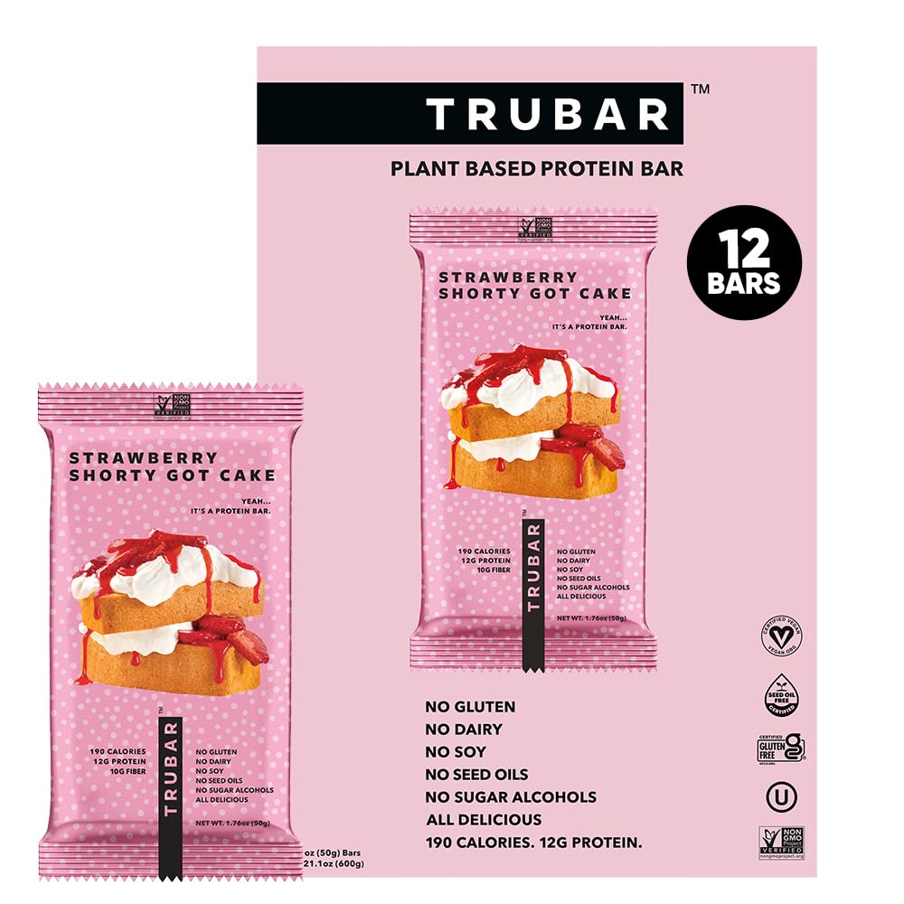 TRUBAR Strawberry Shorty Got Cake bar packaging highlights gluten-free, dairy-free indulgence.