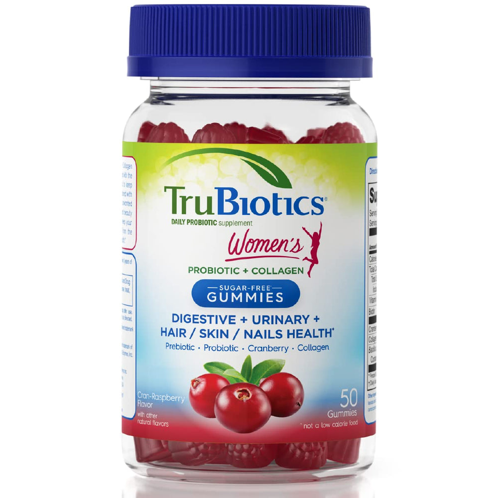 TruBiotics probiotic gummies bottle with raspberry-cranberry flavor for daily balance