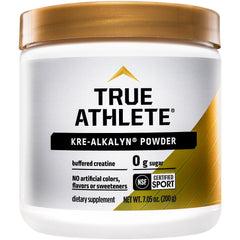 True Athlete Kre Alkalyn powder bottle with label showing quality for high-intensity workouts