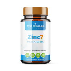 True Cellular Formulas Zinc7 bottle with capsules shown for immune support.