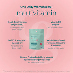 True Grace Daily Women’s Multivitamin 50+ tablets close-up emphasizes easy-to-swallow design