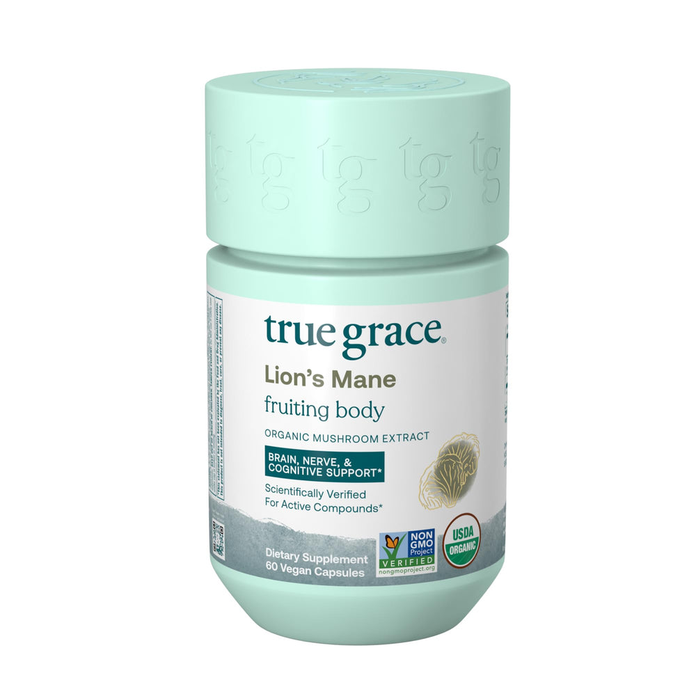 True Grace Lion's Mane capsules front view highlighting organic brain-support supplement