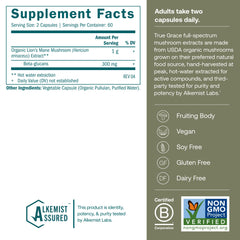 Close-up of True Grace Lion’s Mane capsules for easy daily use and supplementation.