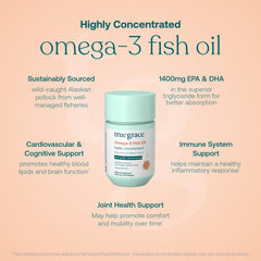 True Grace Omega-3 bottle cap close-up emphasizes easy swallowing.
