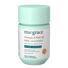 True Grace Omega-3 softgels in bottle showing high-potency EPA and DHA.