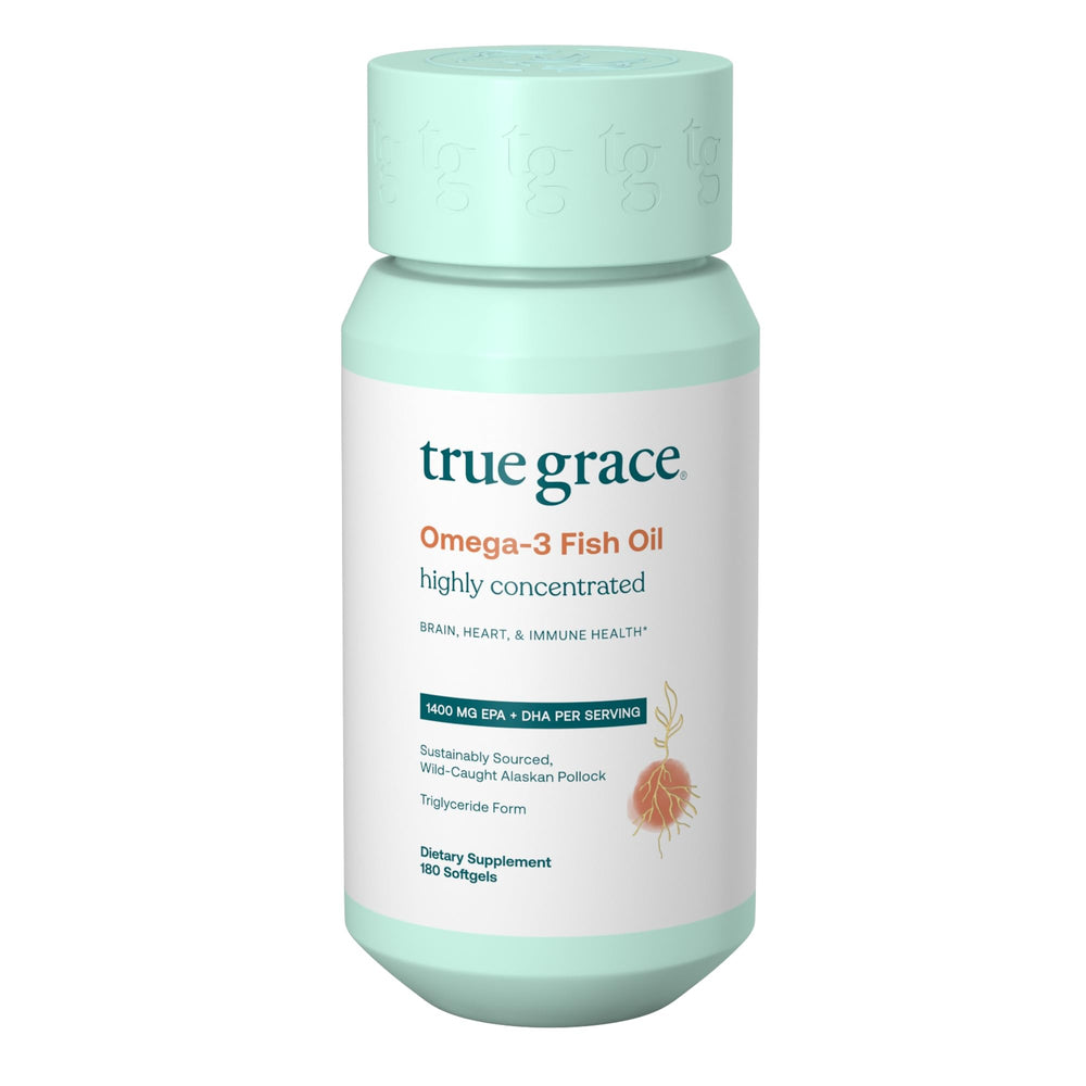 True Grace Omega-3 bottle front view shows high potency EPA and DHA for brain support
