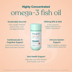 True Grace Omega-3 bottle label closeup shows sustainability and purity standards