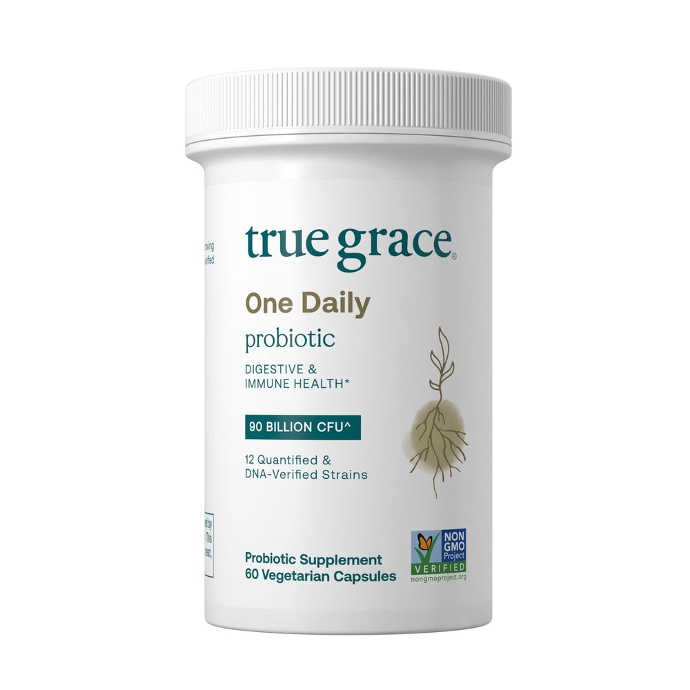 True Grace One Daily Probiotic bottle on shelf promoting gut balance and immune health.