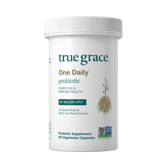 True Grace One Daily Probiotic bottle on shelf promoting gut balance and immune health.