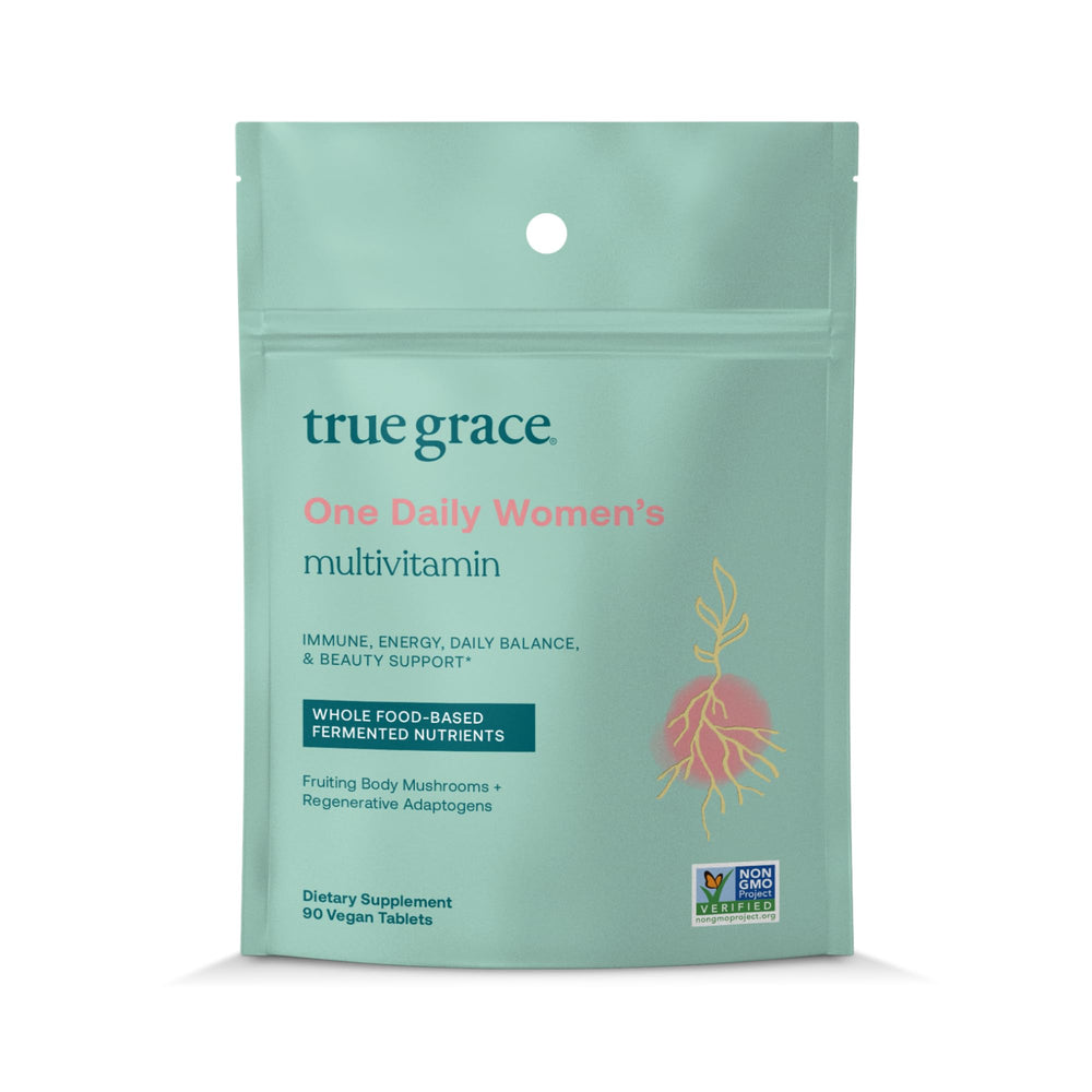 True Grace One Daily bottle close-up showcasing comprehensive nutrients for daily wellness.