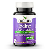 True Life Therapeutics Lugol's iodine tablets 12.5mg bottle closeup, emphasizing stable iodine for daily support
