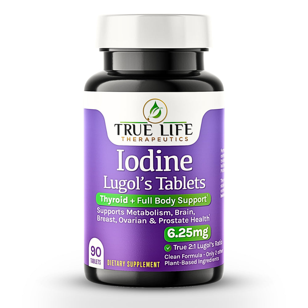 True Life Therapeutics Lugol's tablets in bottle show stable iodine for consistent thyroid support.