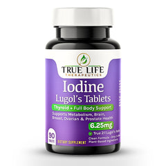 True Life Therapeutics Lugol's tablets in bottle show stable iodine for consistent thyroid support.