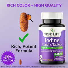Closeup of brown Lugol's tablets emphasizes stability and potency of the formula.