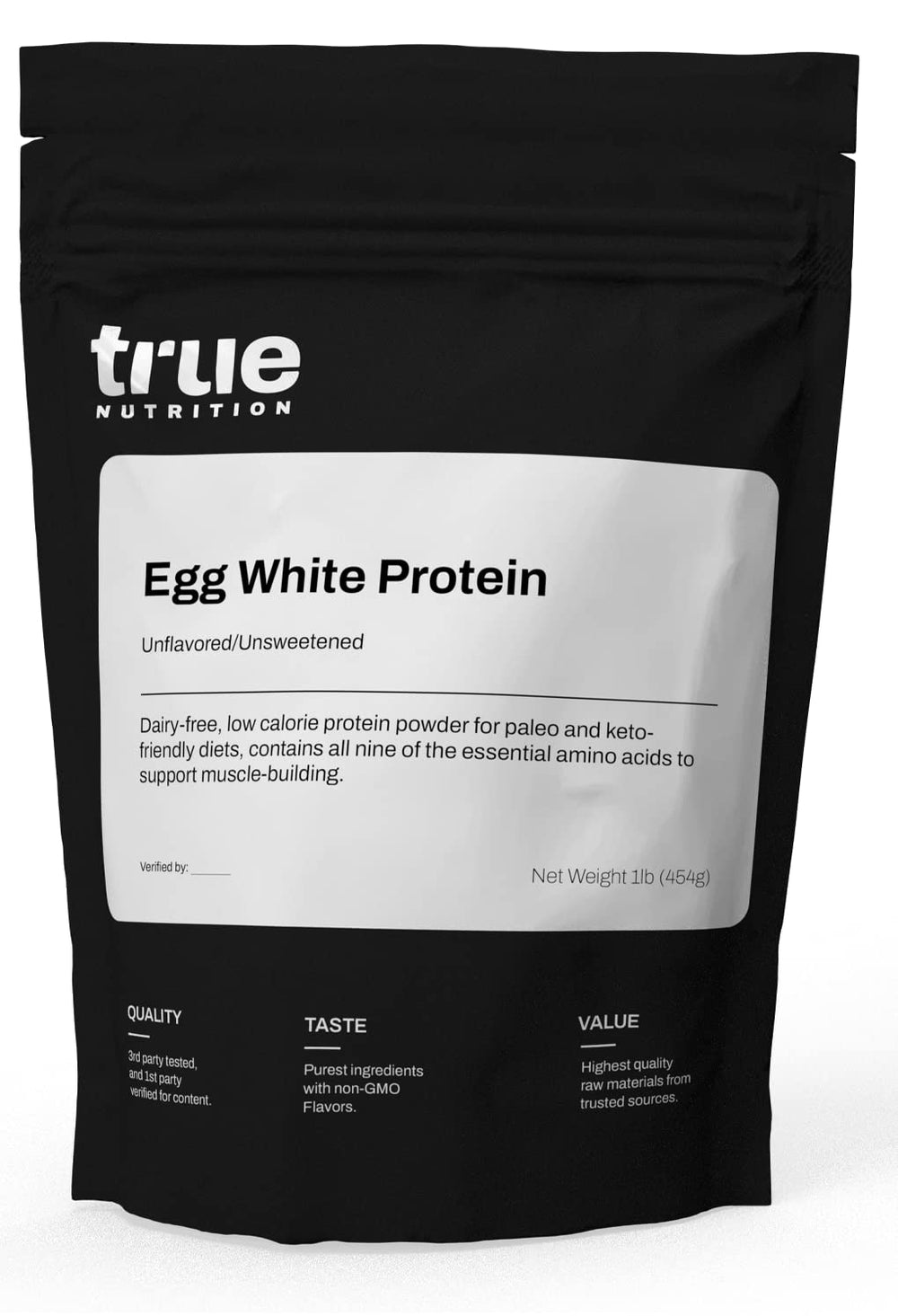 True Nutrition egg white protein powder bag; versatile shakes and recipes.