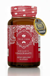 True Veda pomegranate extract bottle showcasing organic formula for daily antioxidant support