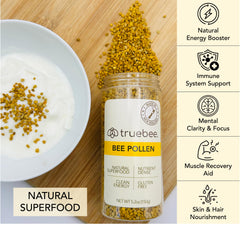 Pouring Truebee Bee Pollen Granules over yogurt for a natural energy and flavor boost
