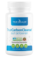 TrueCarbonCleanse bottle front displaying vegan capsules for daily detox support.