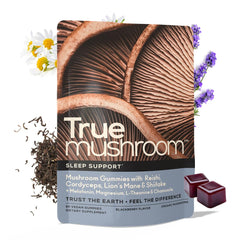 TrueMushroom sleep-support gummy bottle shows melatonin for restful nights.