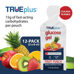 TRUEplus glucose gel pouch packaging shows convenient tear-and-squeeze design for quick use
