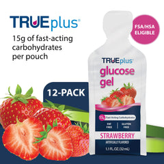 Close-up of tear-tab opening on a TRUEplus glucose gel pouch.