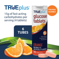 Six-tube pack of TRUEplus Glucose Orange for convenient travel.