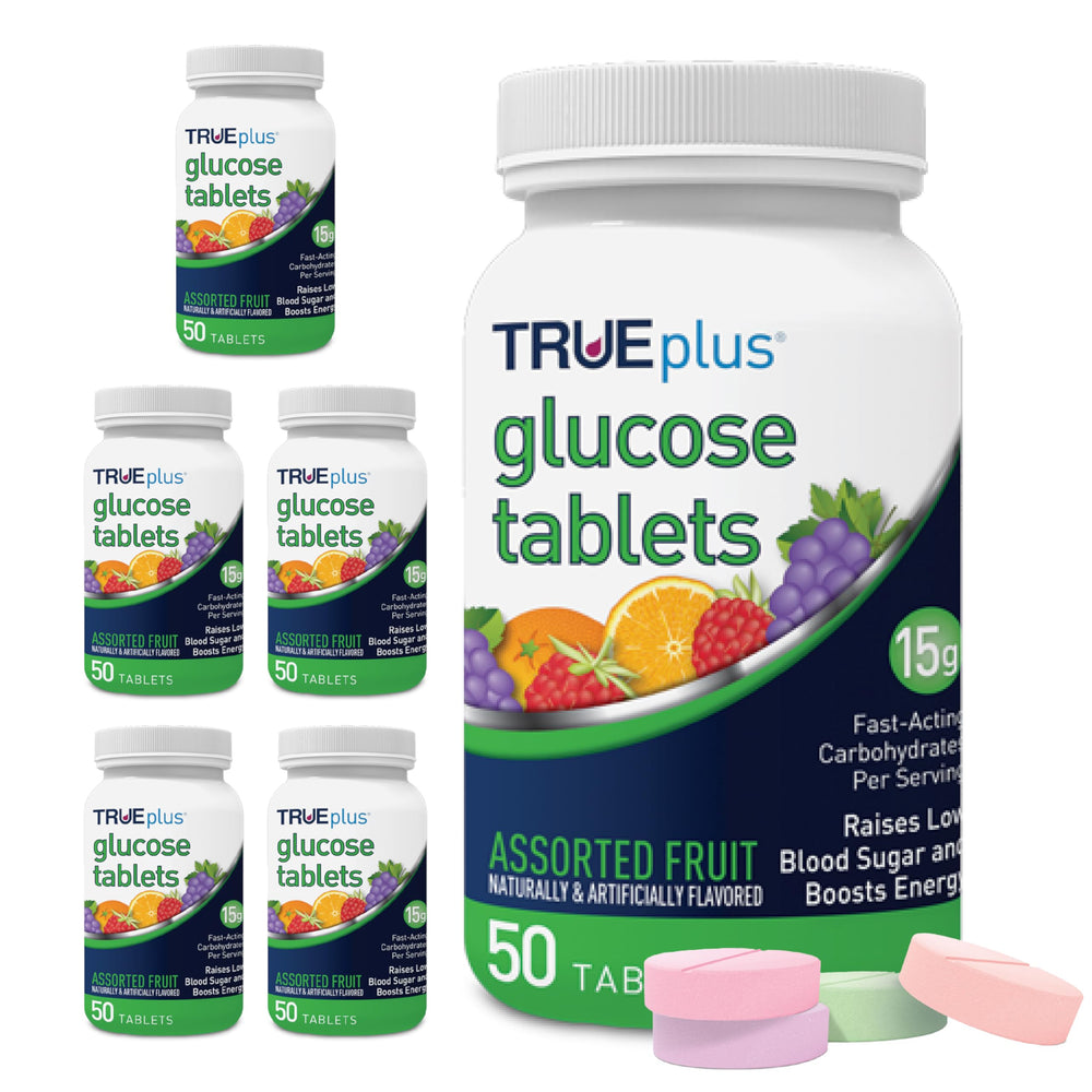 TRUEplus glucose tablets bottle front with packaging for quick energy on the go