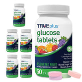 TRUEplus glucose tablets bottle front with packaging for quick energy on the go