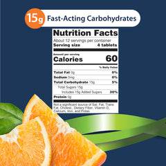 TRUEplus orange glucose tablets bottle label highlighting gluten-free and fat-free features.