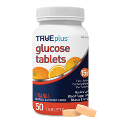 TRUEplus orange glucose tablets bottle for at-home energy support.