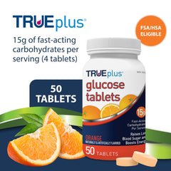 TRUEplus orange glucose tablets spilled from bottle for quick energy on the go.