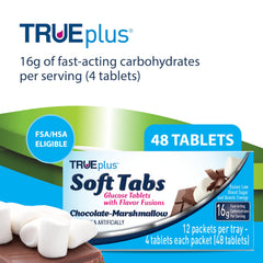 TRUEplus Soft Tabs close-up of chocolate marshmallow tablets for fast energy.