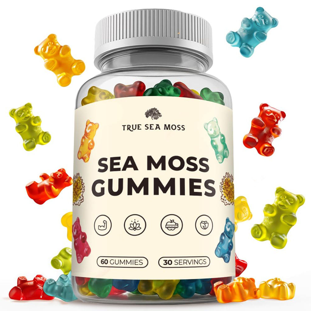 TrueSeaMoss gummies bottle with label showing Irish sea moss blend for daily wellness.