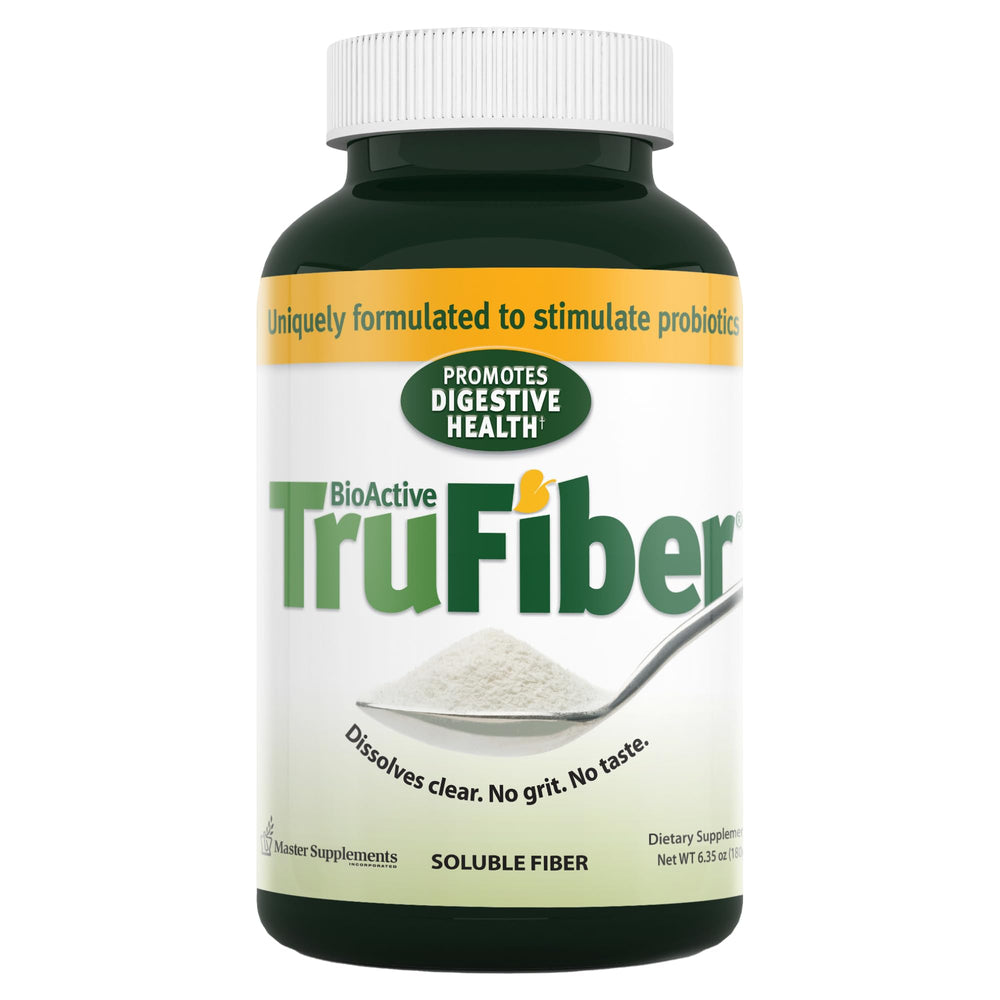 TruFiber prebiotic powder dissolving in water for easy daily use.