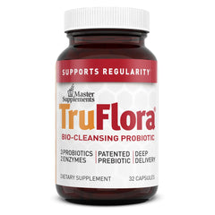 TruFlora bottle front label highlighting probiotic blend for daily digestive support.