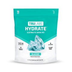 TRULABS Hydrate Glacier packet close-up highlighting sugar-free electrolytes for on-the-go hydration.