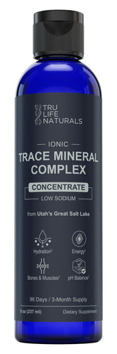 TRULIFE NATURALS Trace Mineral Complex bottle showing 72+ minerals for daily hydration support