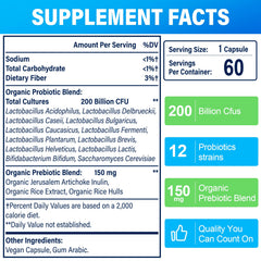 Capsule close-up highlighting vegan, non-GMO probiotics for gut health.
