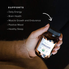 Truvani Ashwagandha capsules arranged to show supplement form and usage.