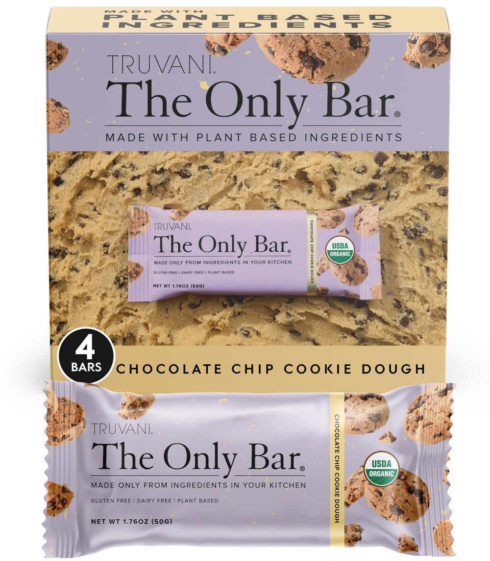 Truvani Chocolate Chip Cookie Dough bar pack — convenient, four individually wrapped bars.