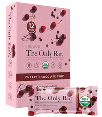 Truvani Cherry Chocolate Chip bars on pack highlighting organic ingredients and convenient snacking.