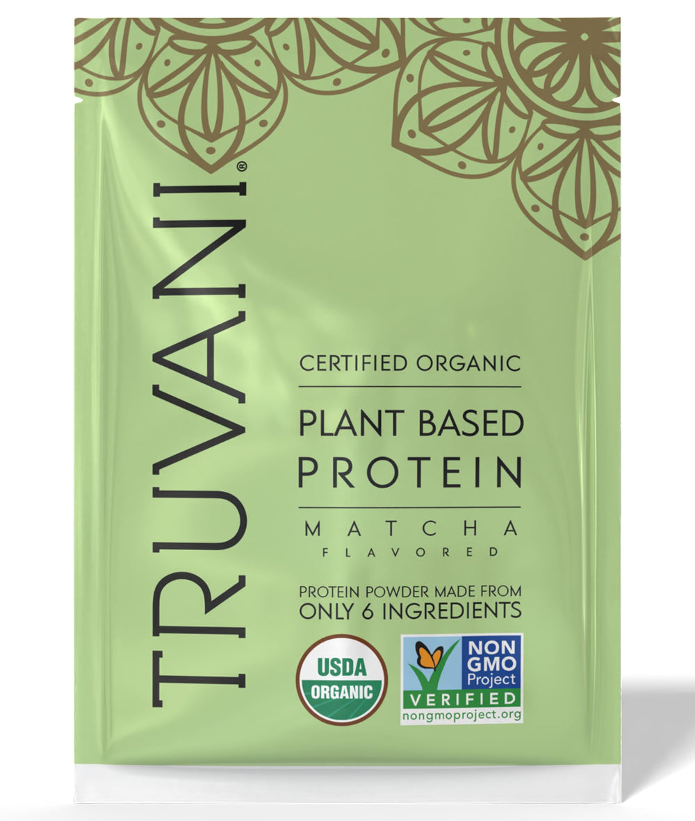 Truvani Matcha pea protein powder tub close-up highlighting organic ingredients for clean shakes