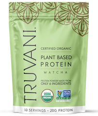 Truvani Matcha vegan pea protein bottle pour shows clean ingredients