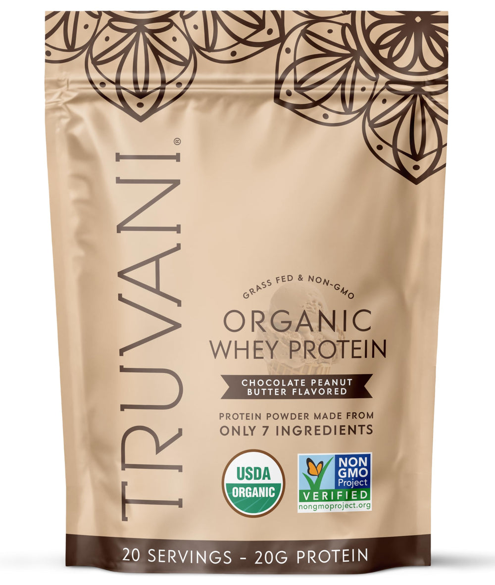 Truvani Organic Whey Protein canister with chocolate peanut butter flavor for clean nutrition
