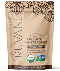 Truvani Organic Whey Protein canister with chocolate peanut butter flavor for clean nutrition