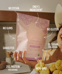 Truvani Organic Whey Protein Powder scoop showing a 20g serving