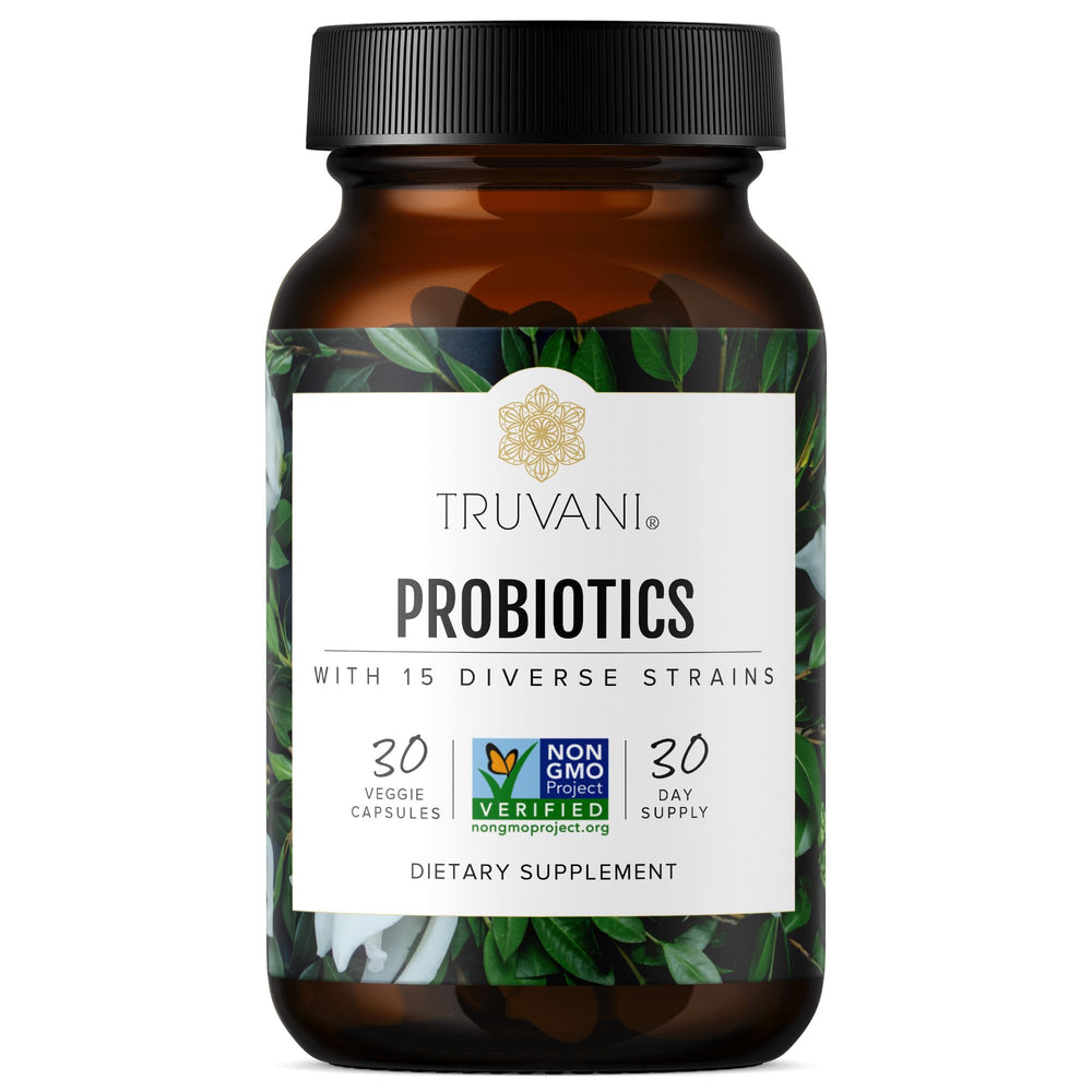 Truvani Probiotic Supplement bottle close-up highlighting 15B CFU for digestive balance.