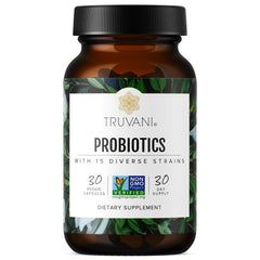 Truvani Probiotic Supplement bottle close-up highlighting 15B CFU for digestive balance.